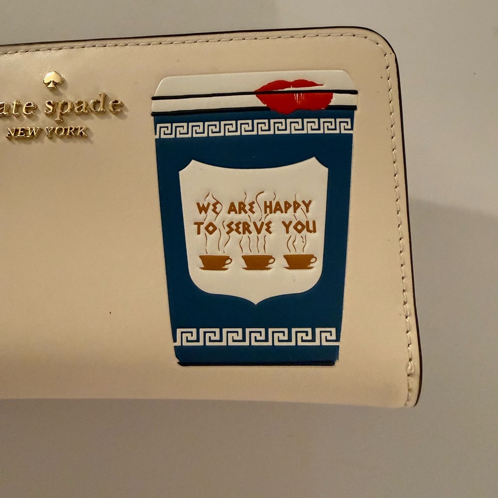Kate Spade Cream Wallet with Blue Coffee Cup Design - Picture 3 of 6